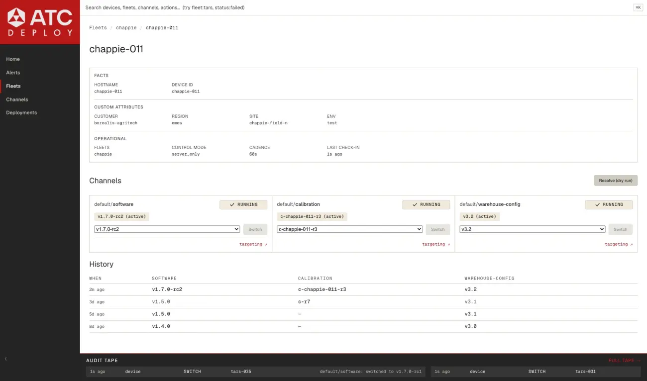 The ATC Deploy console showing one device's channels and a history of which software, calibration and warehouse-config versions ran on it, and when